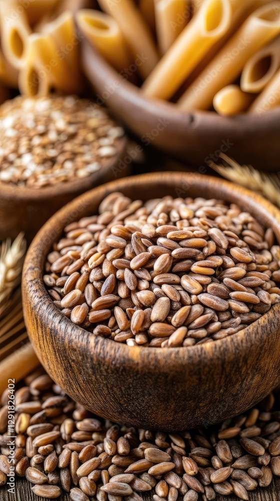 Whole grain wheat berries and pasta. Healthy food ingredients Whole grain wheat berries and pasta. Healthy food ingredients