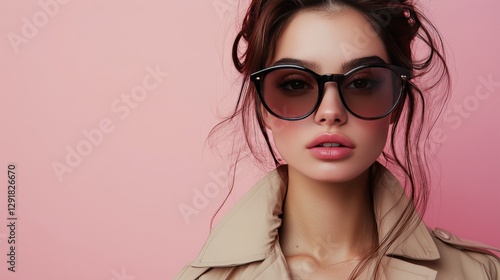 Elegant Model Wearing Fashionable Sunglasses Against a Pink Background