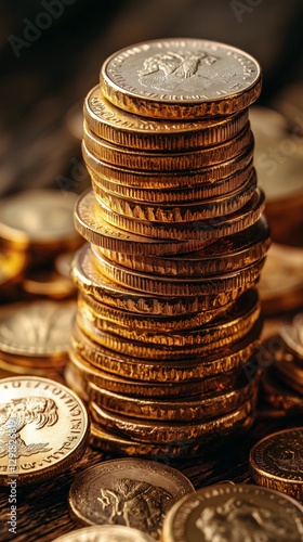 Stacked Coins Glisten Under Soft Lighting Showcasing Wealth and Richness in a...