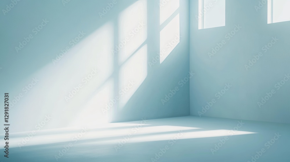 Fototapeta premium Sunlight Streaming Through Windows Illuminates a Minimalist Room With a Calming Blue Ambiance During the Morning Hours