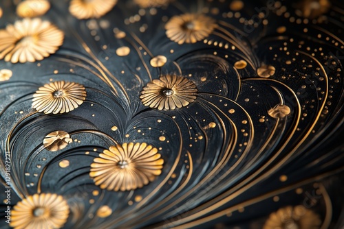 Gold Floral Patterns on a Textured Black Surface Create a Striking Visual Effect