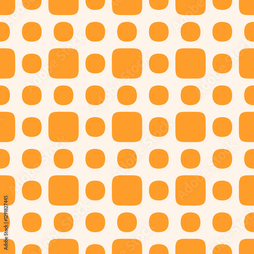 Vector abstract seamless pattern. Cute funky geometric texture with rounded shapes, circles, squares, polka dots. Simple orange and white background. Repeated geo design for decor, gift paper, print