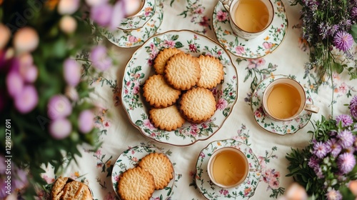 Warm Afternoon Tea With Floral Cookies and Delicate Setting in a Cozy Environ...