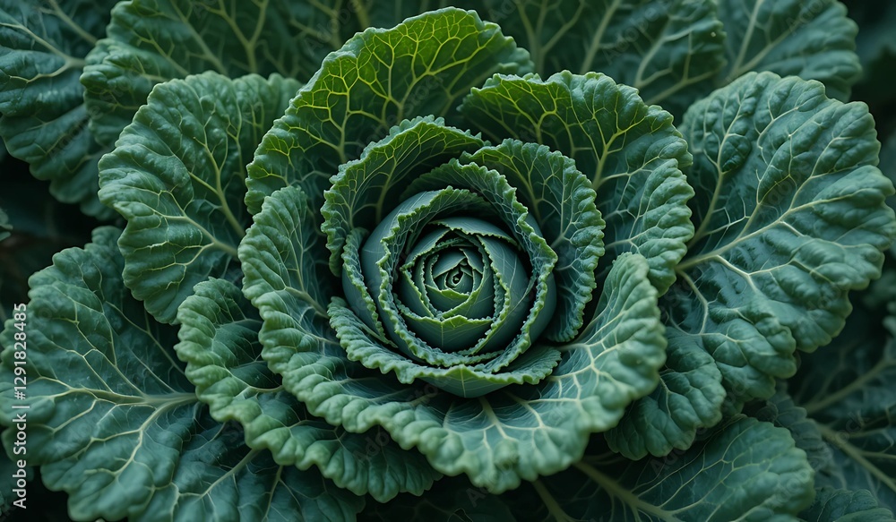 Fototapeta premium Close-Up of Fresh Green Cabbage with Symmetrical Leaf Patterns – Organic Farm Produce