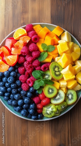Vibrant and Fresh Fruit Platter Arranged With Care on a Wooden Table