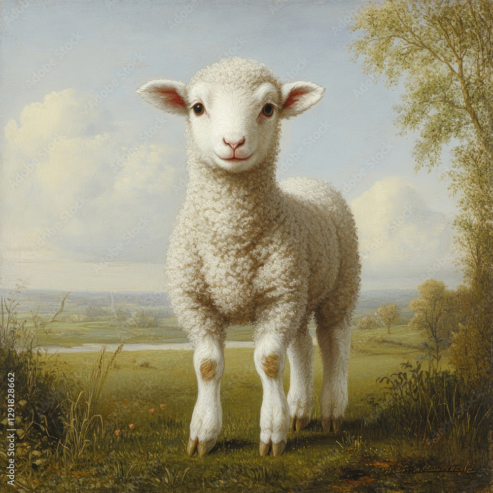 Fototapeta premium A young lamb standing in a pastoral landscape. The animal has soft, curly white fur, a pure and kind look. 