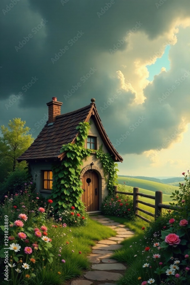 A Picturesque Stone Path Leading to a Charming Ivy-Covered Cottage Nestled Amidst a Vibrant Flower Garden on a Rolling Hillside Under a Dramatic Sky A Picturesque Stone Path Leading to a Charming Ivy-Covered Cottage Nestled Amidst a Vibrant Flower Garden on a Rolling Hillside Under a Dramatic Sky