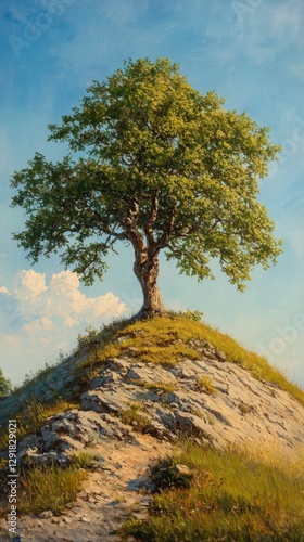 Lone Tree Standing on Rocky Hill Under Clear Blue Sky in Afternoon Light