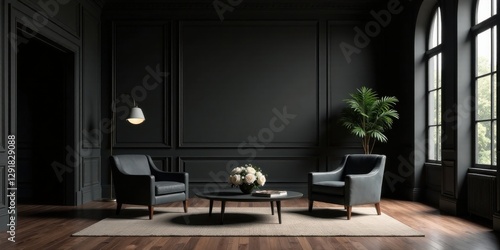 Darkly Elegant Living Room Interior Design Featuring Two Armchairs, Coffee Table, and Floor Lamp