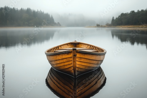Serene Wooden Boat Floating on Calm Lake Surrounded by Misty Forest at Dawn