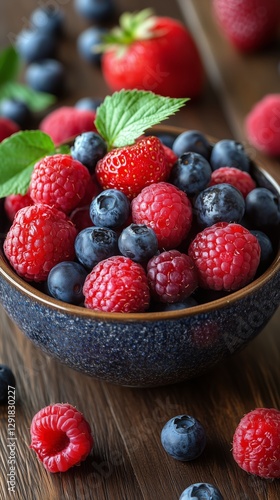 Fresh Mixed Berries in a Blue Bowl on a Wooden Table During Daylight Hours