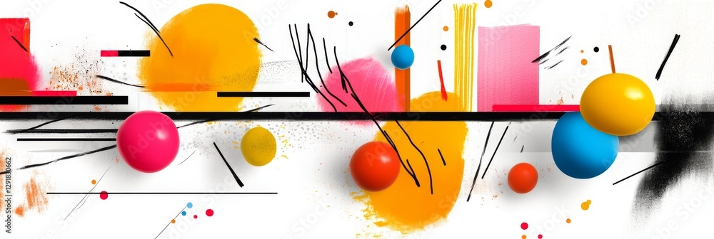 Obraz premium Abstract Play of Colors and Lines - Vibrant spheres, dynamic lines, and bold color splashes create a sense of playful energy, movement, and abstract expression. Symbolizing creativity, freedom, joy