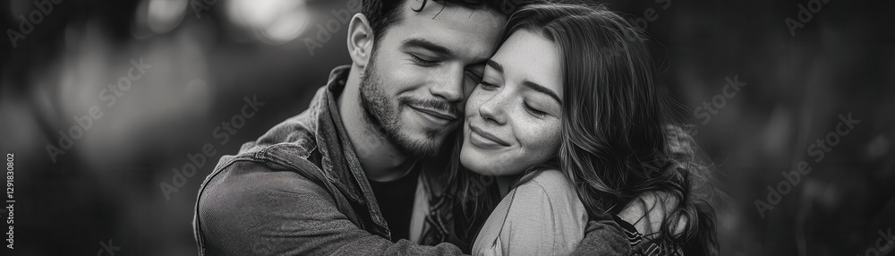Man wrapping his arms around his partner while whispering in her ear, symbolizing deep affection and comfort Man wrapping his arms around his partner while whispering in her ear, symbolizing deep affection and comfort