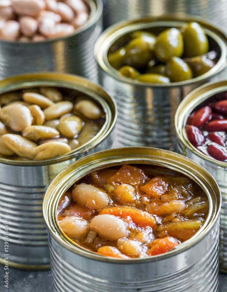 Assortment of Canned Preserves in Tin Open Cans – Fish, Beans, Vegetables, and Fruits, Food Stocks, Side View Assortment of Canned Preserves in Tin Open Cans – Fish, Beans, Vegetables, and Fruits, Food Stocks, Side View