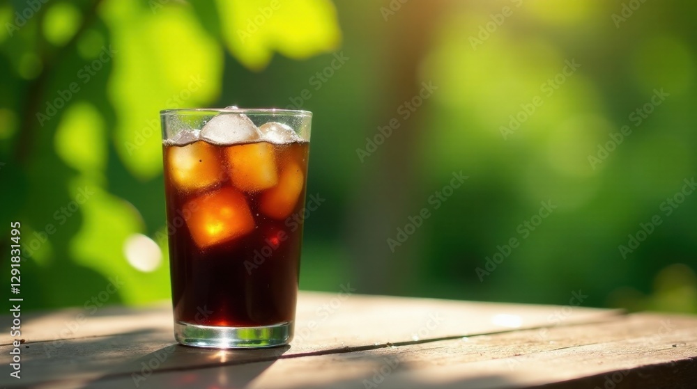 Refreshing Iced Beverage in Glass on Wooden Surface Outdoors Refreshing Iced Beverage in Glass on Wooden Surface Outdoors