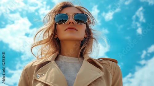 Woman in Trench Coat and Sunglasses Poses Confidently Under Blue Sky With Clo...