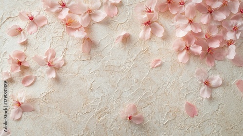 Sakura Blossoms: Delicate pink sakura petals artfully scattered on textured surface, evoking a sense of spring, beauty, and fleeting moments.