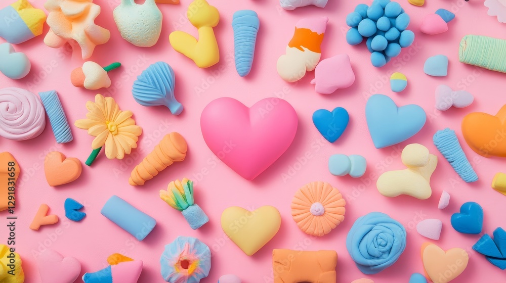 Colorful Abstract Sculpture Arrangement With Playful Shapes and a Human Figure Against a Vibrant Pink Background Colorful Abstract Sculpture Arrangement With Playful Shapes and a Human Figure Against a Vibrant Pink Background