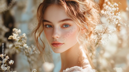Portrait of a Young Woman Surrounded by Soft Floral Elements in a Warm, Natur...