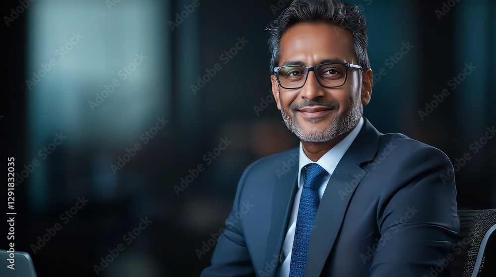 Obraz premium Confident Business Leader: A distinguished business leader exudes confidence and approachability in a professional portrait, showcasing a successful executive ready to lead.