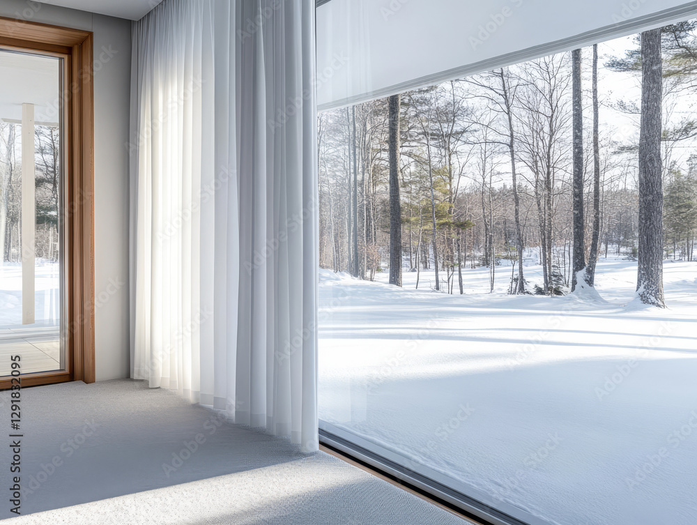 Fototapeta premium Tranquil winter landscape viewed from a modern room with large windows