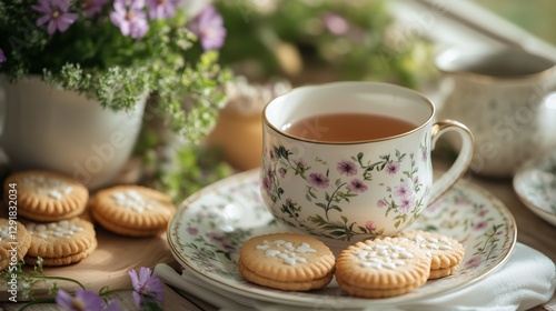Warm Afternoon Tea With Floral Cookies and Delicate Setting in a Cozy Environ...