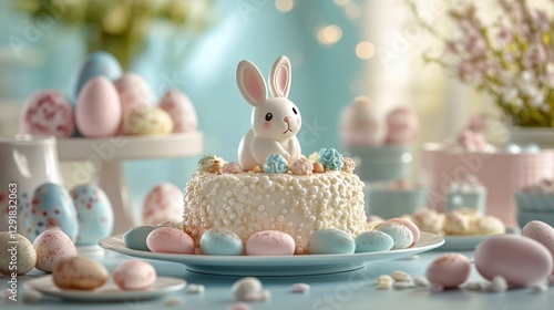 Festive Spring Celebration With a Bunny Cake and Colorful Flowers in a Bright...