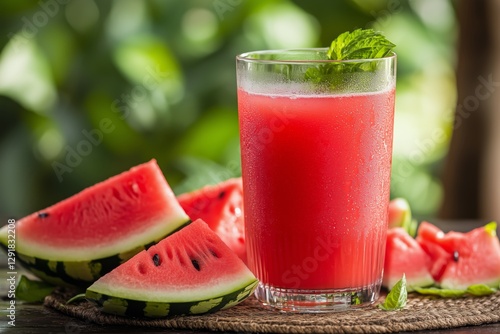 Refreshing Watermelon Juice Served With Fresh Slices and Whole Melons Outdoors