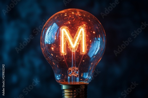 Illuminated Letter M in Vintage Light Bulb With Glowing Filament in Dark Setting