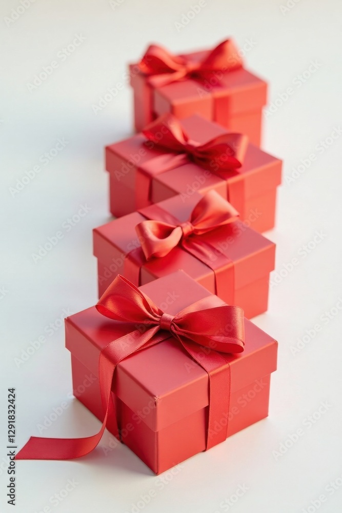Fototapeta premium A Row of Elegant Red Gift Boxes with Satin Ribbons, Ready for Giving