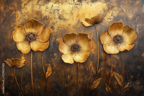Golden Floral Wall Art Featuring Intricate Design and Vibrant Textures in Mod...