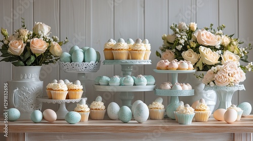 Elegant Spring Dessert Display With Cupcakes and Flowers in a Bright Setting