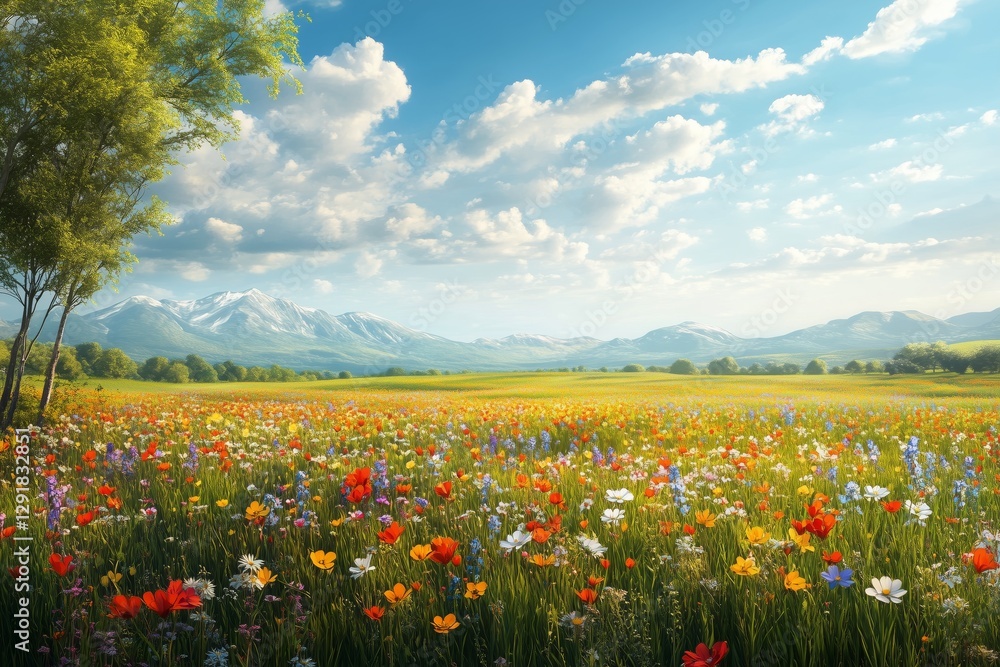 Vibrant Wildflower Meadow Under a Bright Blue Sky With Fluffy Clouds in Springtime Vibrant Wildflower Meadow Under a Bright Blue Sky With Fluffy Clouds in Springtime