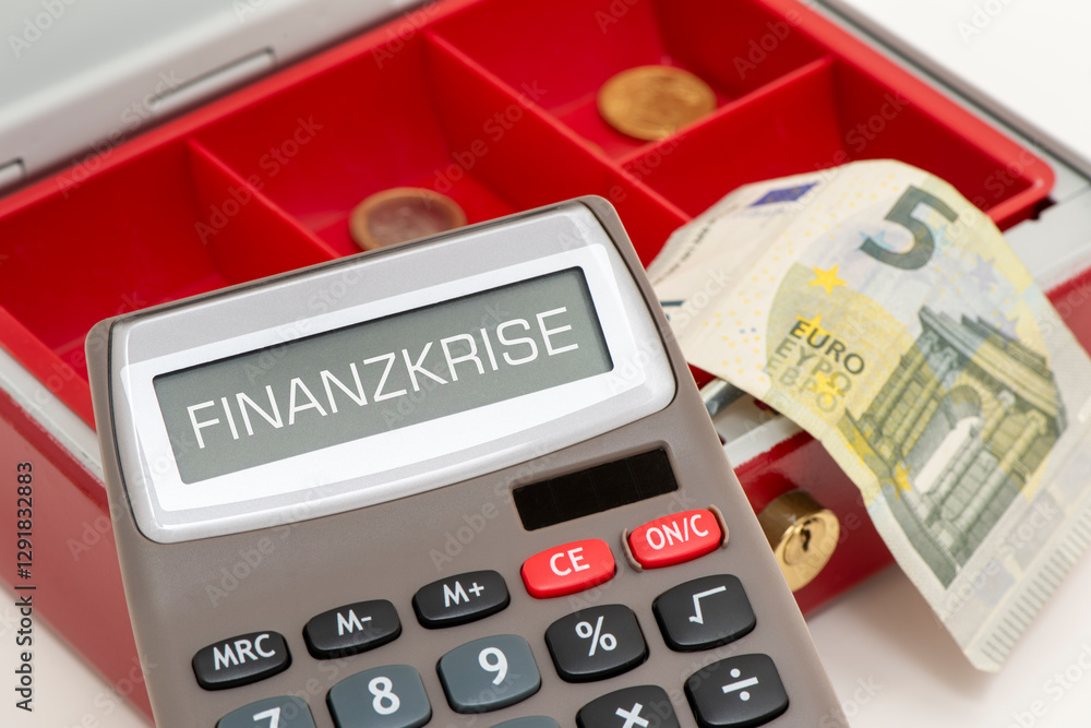 Eine leere Geldkasse und darüber ein Taschenrechner mit der Aufschift: Haushaltsloch