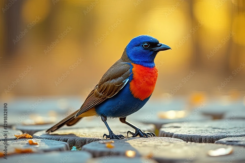 Fototapeta premium Vibrant Blue and Red Bird Perched on Cobblestones