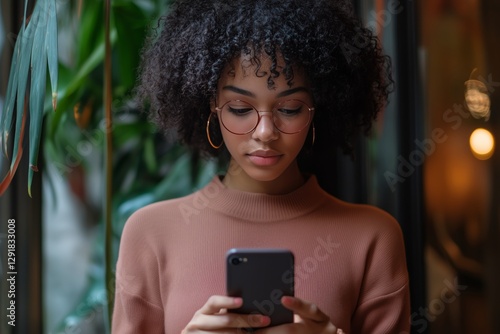 Young Woman With Curly Hair Using Smartphone Outdoors in Urban Environment