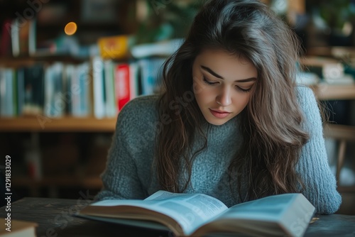Young Woman Reading a Book in a Cozy Library Setting During the Afternoon Hours