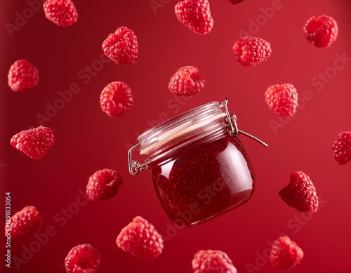 Fotografía de estudio profesional Un tarro de mermelada de frambuesa está suspendido en el aire, rodeado de frambuesas voladoras y visrutas de frambuesa, sobre un fondo rojo, con un estilo minimalista photo