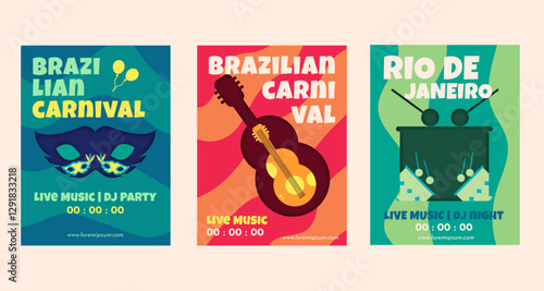 Brazilian Carnival festival. Mardi gras and rio de janeiro celebration. Vector illustration of magazine cover, poster, brochure template trendy flat style design set.