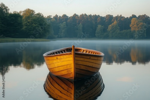 Serene Wooden Boat Floating on Calm Lake Surrounded by Misty Forest at Dawn