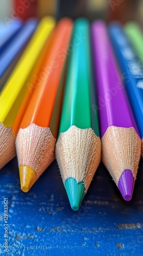 Colorful Pencils Arranged Neatly on a Blue Surface Showing Bright Tips