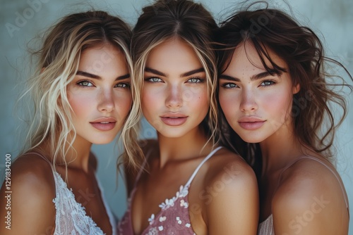 Three Women Posing Together in Stylish Black Outfits Surrounded by Greenery