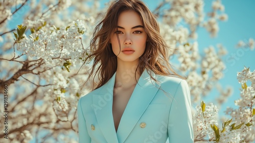 Model Showcases Elegant Outfit Against Vibrant Floral Backdrop on Sunny Day