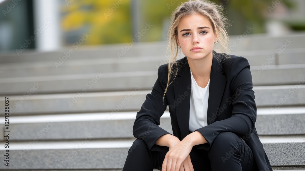 Disappointed businesswoman sitting on stairs in urban setting Disappointed businesswoman sitting on stairs in urban setting