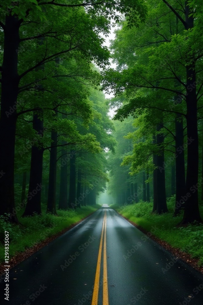 Fototapeta premium Serene Pathway Through Verdant Canopy, Wet Asphalt Gleaming Under Soft Light, Peaceful Forest Road Journey