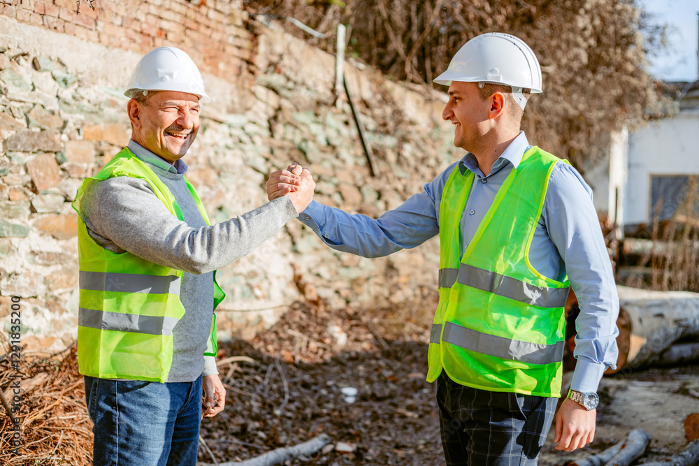 Two Construction Workers Shake Hands In Front Of Brick Wall Two Construction Workers Shake Hands In Front Of Brick Wall