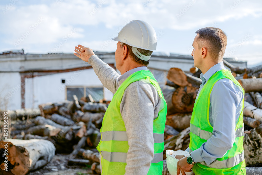 Construction Worker Pointing at Building Site With Pile of Logs Construction Worker Pointing at Building Site With Pile of Logs