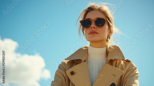 Woman in Trench Coat and Sunglasses Poses Confidently Under Blue Sky With Clo...