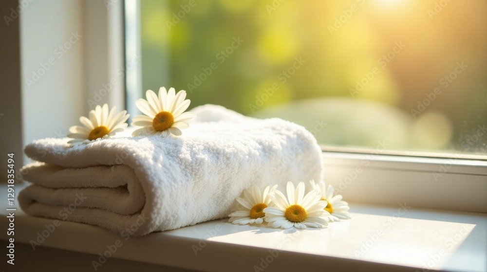 Soft white towel with delicate chamomile flowers on a sunny windowsill, promoting a serene and relaxing atmosphere. Soft white towel with delicate chamomile flowers on a sunny windowsill, promoting a serene and relaxing atmosphere.