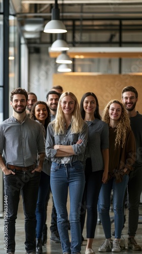 Diverse workforce united in a modern office, showcasing collaboration and positivity for a thriving work environment